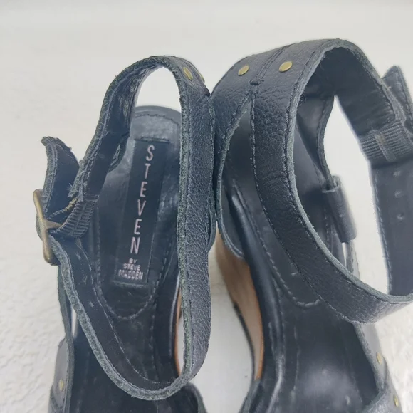Steve Madden Wood Platform Wedge Heels Leather Ankle Strap Open Toe Sz 7 #224 - Picture 5 of 13
